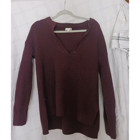 SO Sweaters - Oversized Tunic Sweater Burgundy Dark Red Lace-Up V-Neck Rib Knit Grommet Size M